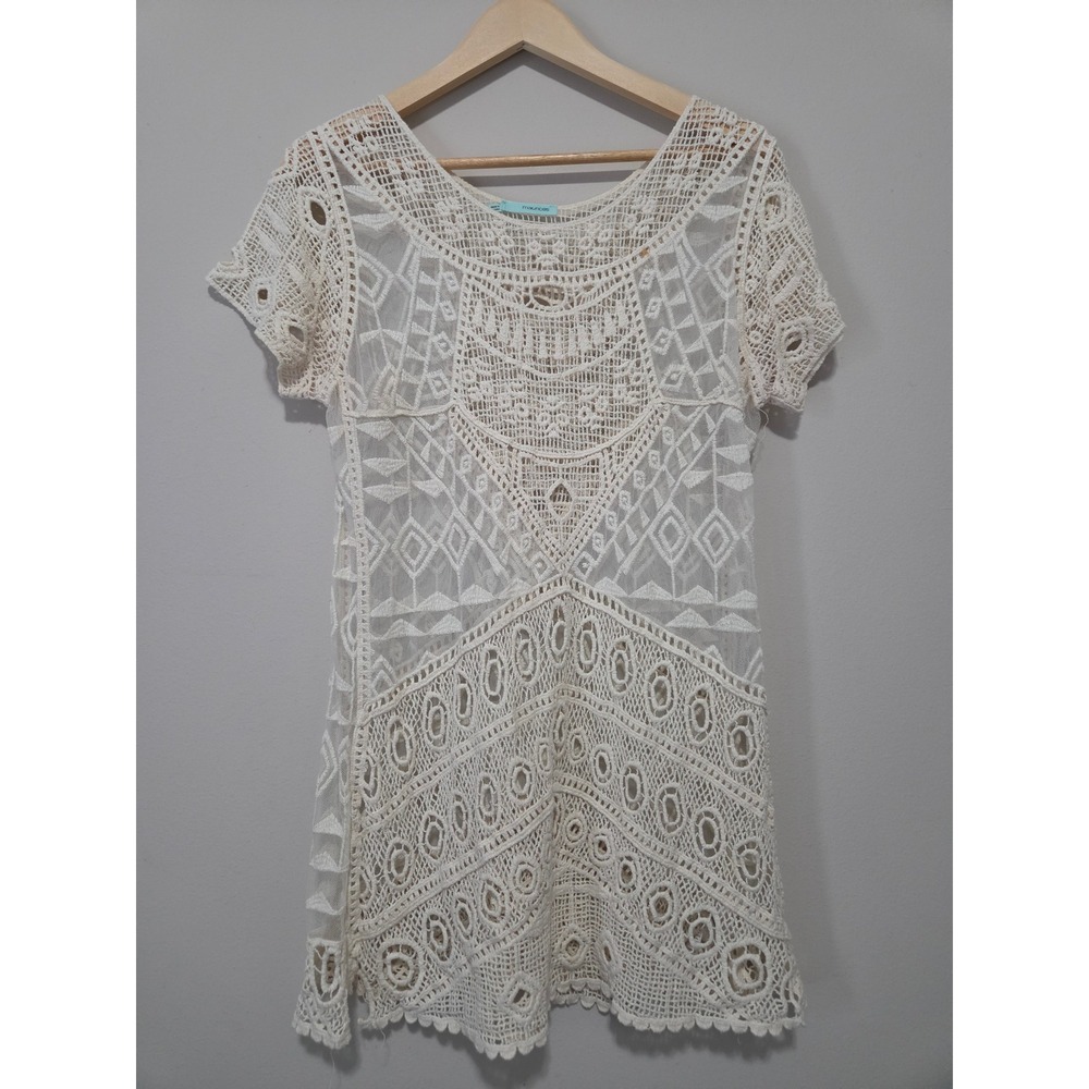 Maurices Cream Crochet Lace Mesh Tunic Top Short Sleeve Boho Geometric Large